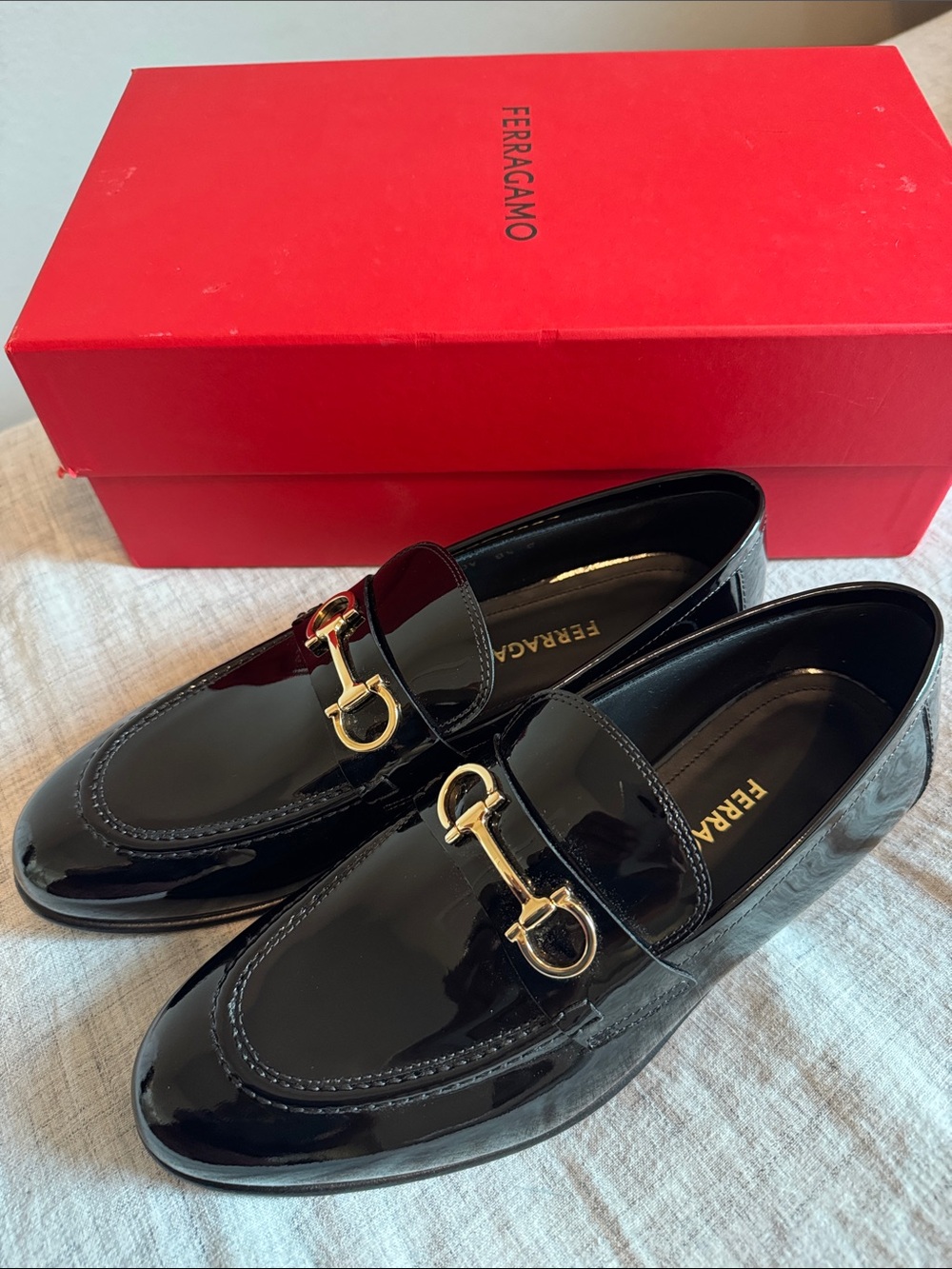 Ferragamo Ottone Black Patent Leather Gancini loafers, size 8.5